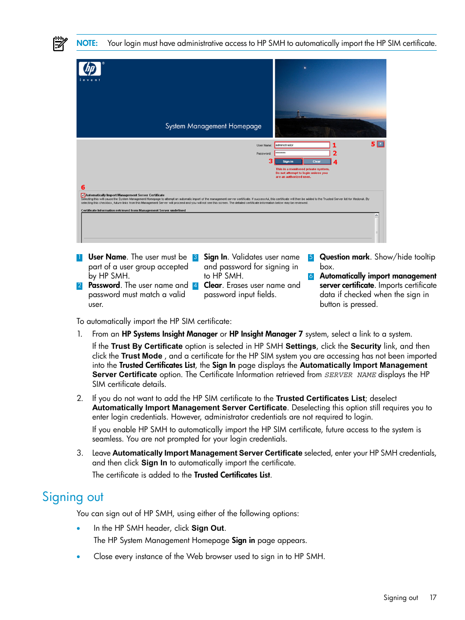 Signing out | HP Systems Insight Manager User Manual | Page 17 / 100