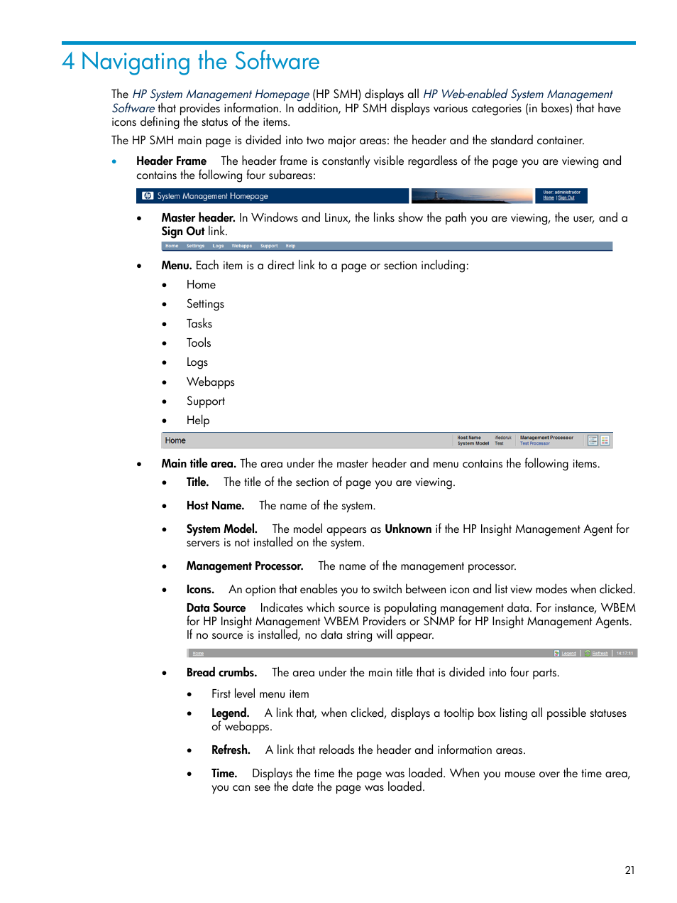 4 navigating the software | HP Systems Insight Manager User Manual | Page 21 / 100