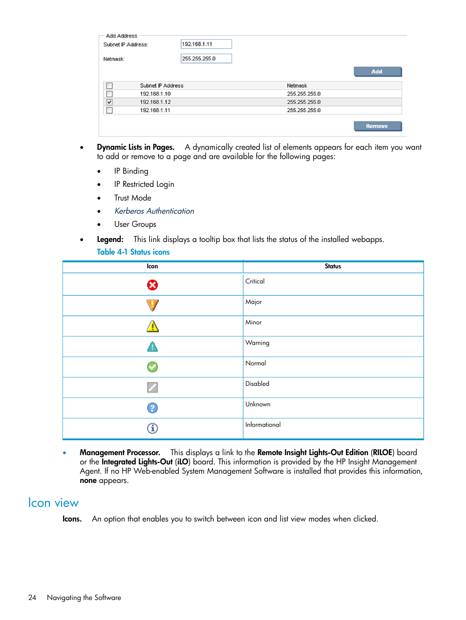 Icon view, Status icons | HP Systems Insight Manager User Manual | Page 24 / 100