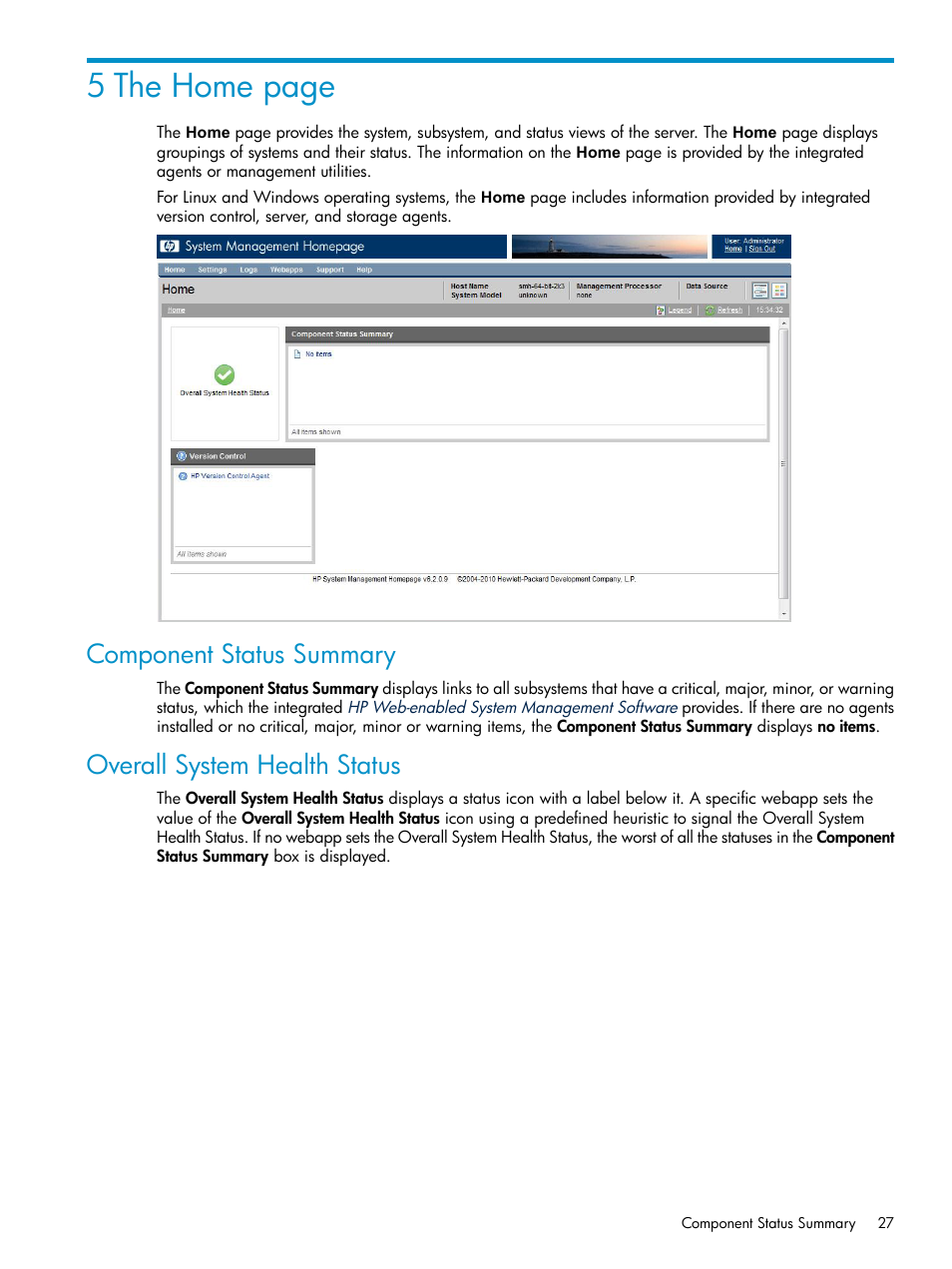 Component status summary, Overall system health status, 5 the home page | HP Systems Insight Manager User Manual | Page 27 / 100