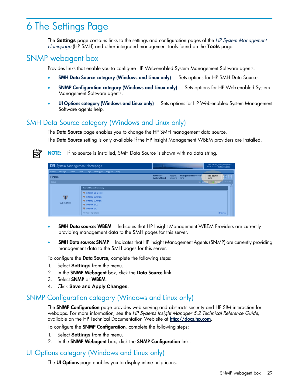 Snmp webagent box, Smh data source category (windows and linux only), Ui options category (windows and linux only) | 6 the settings page | HP Systems Insight Manager User Manual | Page 29 / 100