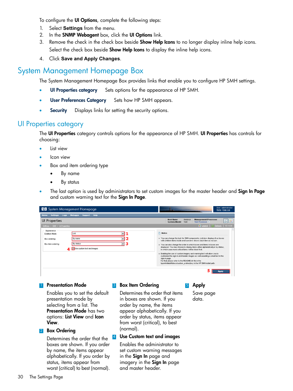 Ui properties category, System management homepage box | HP Systems Insight Manager User Manual | Page 30 / 100