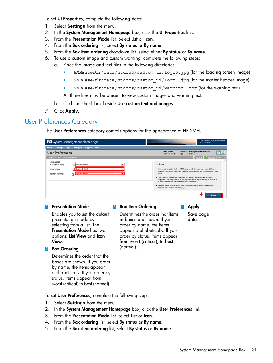 User preferences category | HP Systems Insight Manager User Manual | Page 31 / 100