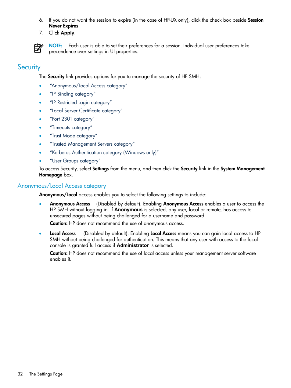 Security, Anonymous/local access category | HP Systems Insight Manager User Manual | Page 32 / 100