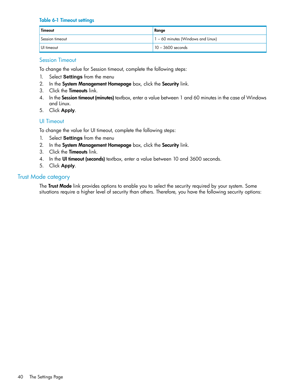 Session timeout, Ui timeout, Trust mode category | Session timeout ui timeout, Timeout settings | HP Systems Insight Manager User Manual | Page 40 / 100