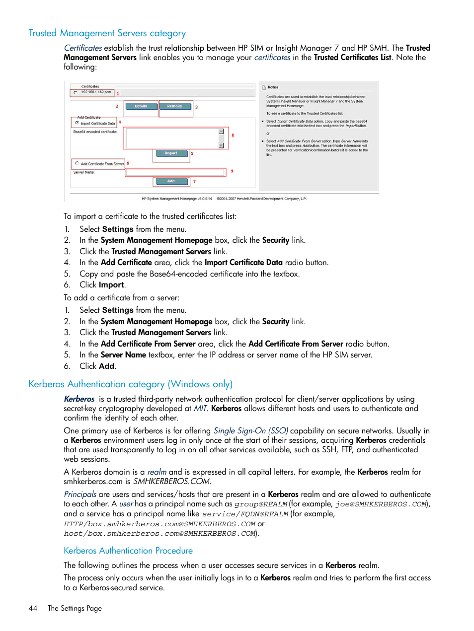 Trusted management servers category, Kerberos authentication category (windows only), Kerberos authentication procedure | HP Systems Insight Manager User Manual | Page 44 / 100