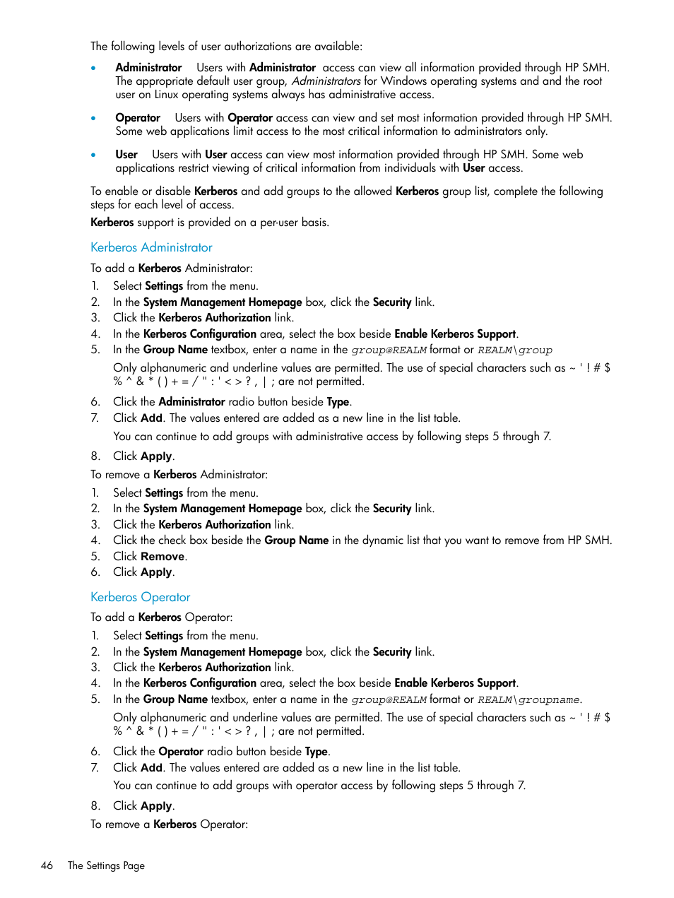 Kerberos administrator, Kerberos operator, Kerberos administrator kerberos operator | HP Systems Insight Manager User Manual | Page 46 / 100