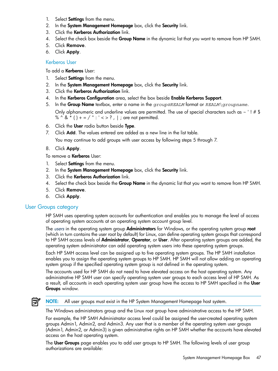 Kerberos user, User groups category | HP Systems Insight Manager User Manual | Page 47 / 100