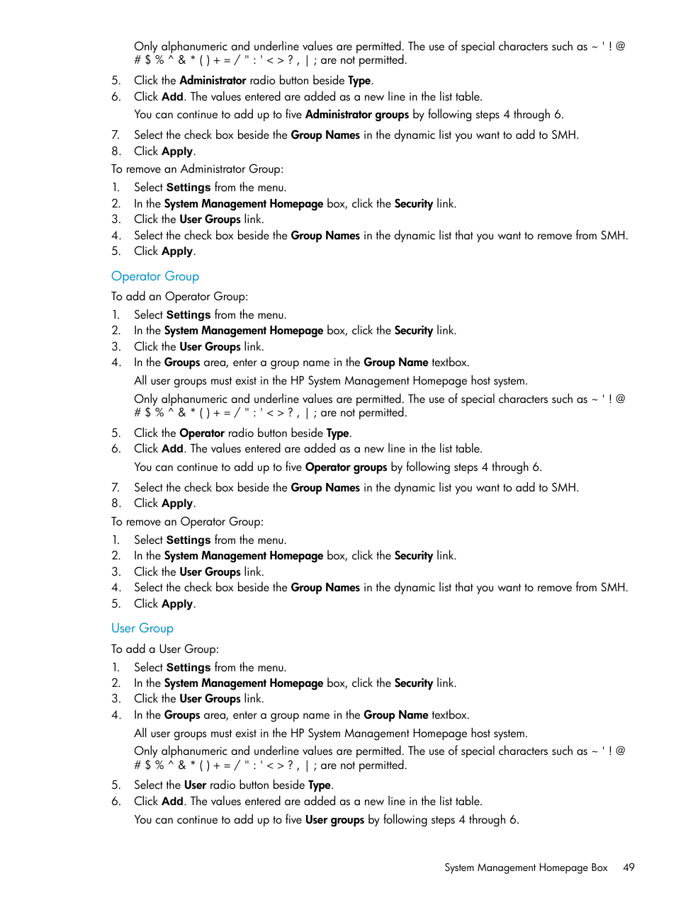 Operator group, User group, Operator group user group | HP Systems Insight Manager User Manual | Page 49 / 100