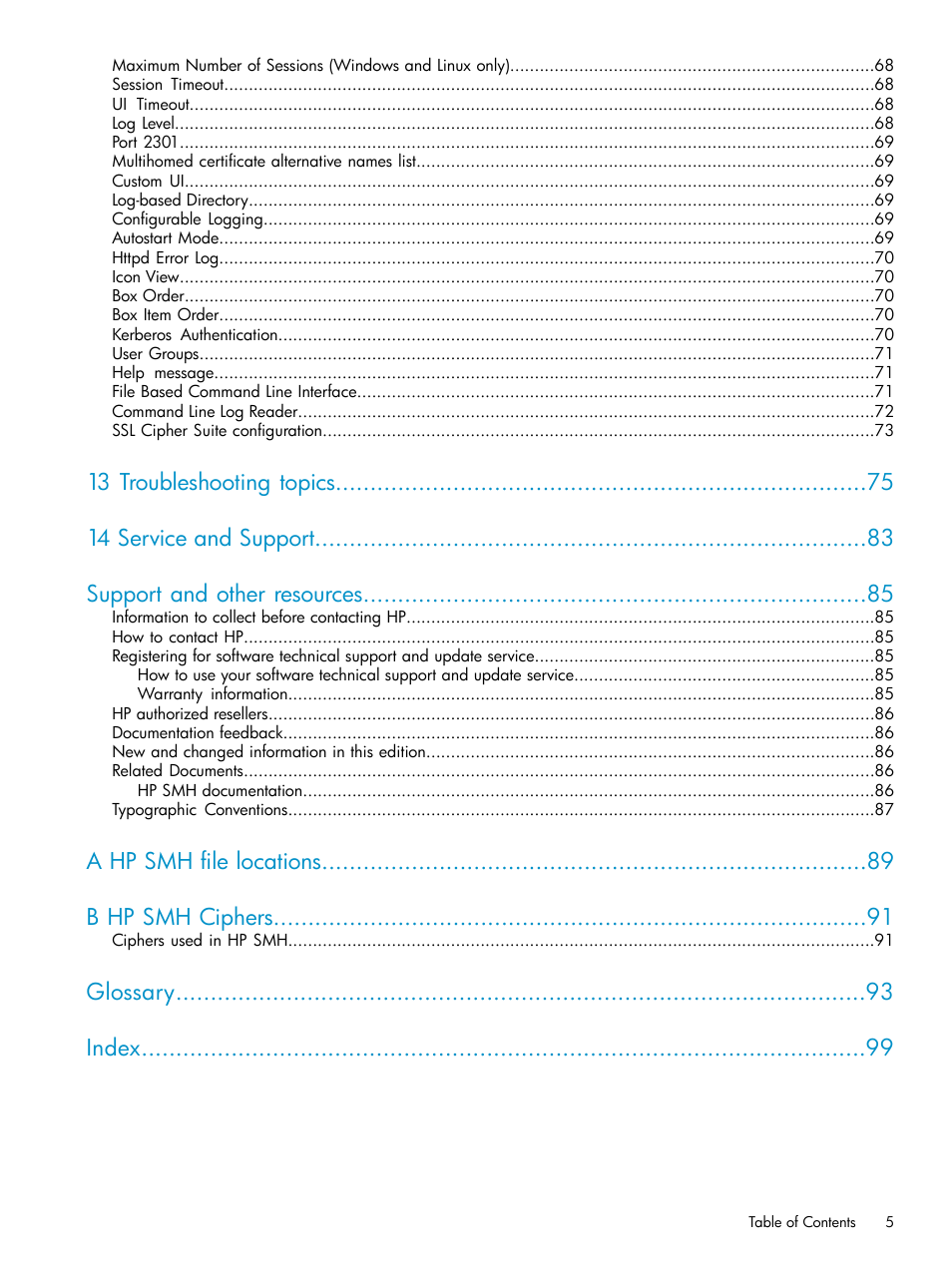 A hp smh file locations b hp smh ciphers, Glossary index | HP Systems Insight Manager User Manual | Page 5 / 100