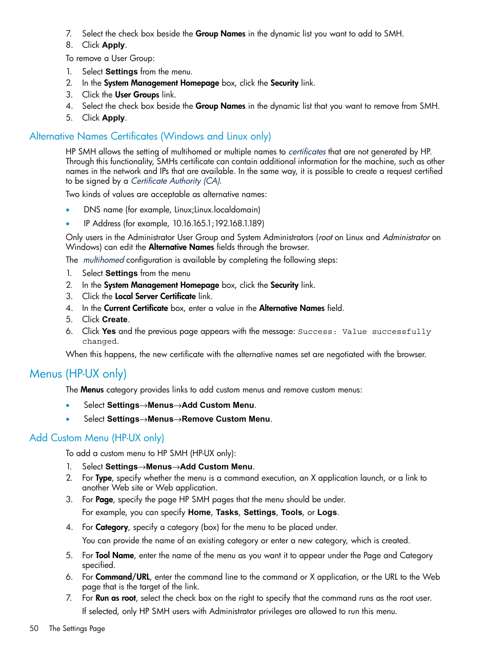 Menus (hp-ux only), Add custom menu (hp-ux only) | HP Systems Insight Manager User Manual | Page 50 / 100