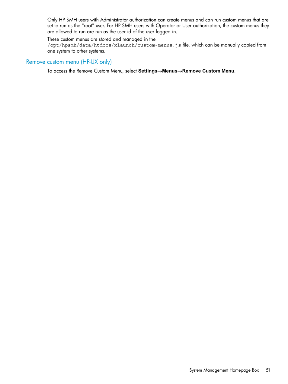 Remove custom menu (hp-ux only) | HP Systems Insight Manager User Manual | Page 51 / 100