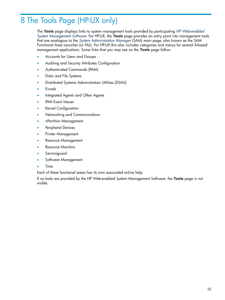 8 the tools page (hp-ux only) | HP Systems Insight Manager User Manual | Page 55 / 100