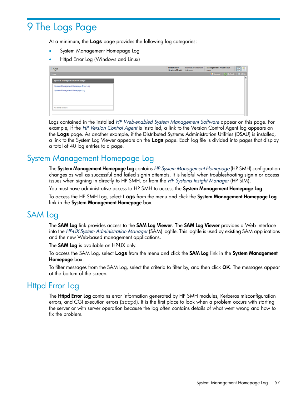 Sam log, Httpd error log, 9 the logs page | System management homepage log | HP Systems Insight Manager User Manual | Page 57 / 100