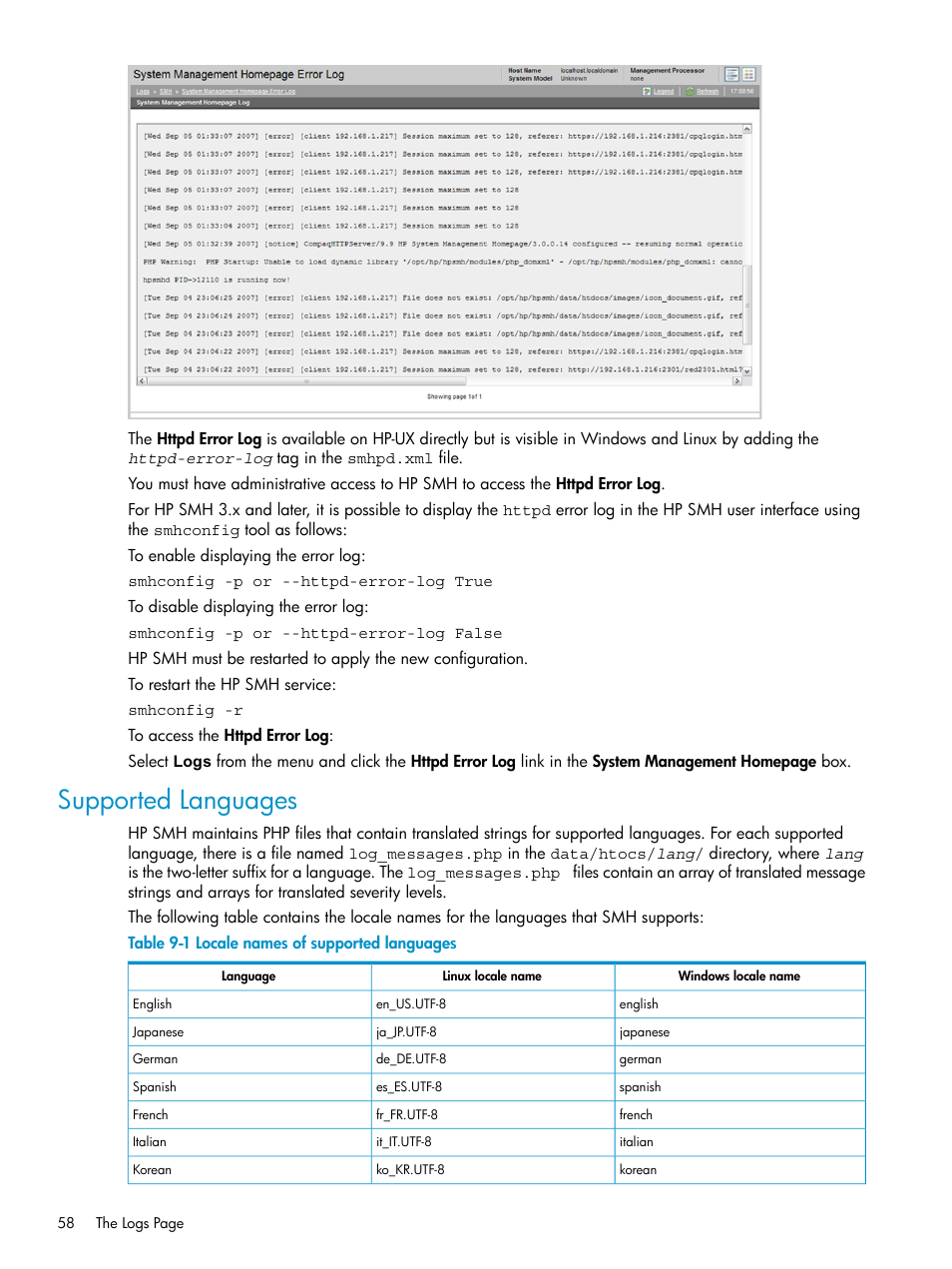 Supported languages, Locale names of supported languages | HP Systems Insight Manager User Manual | Page 58 / 100