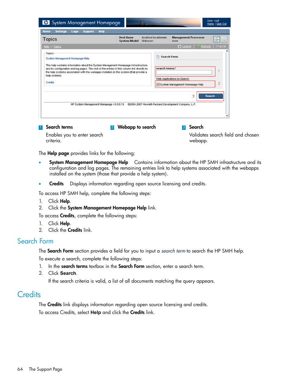 Search form, Credits | HP Systems Insight Manager User Manual | Page 64 / 100