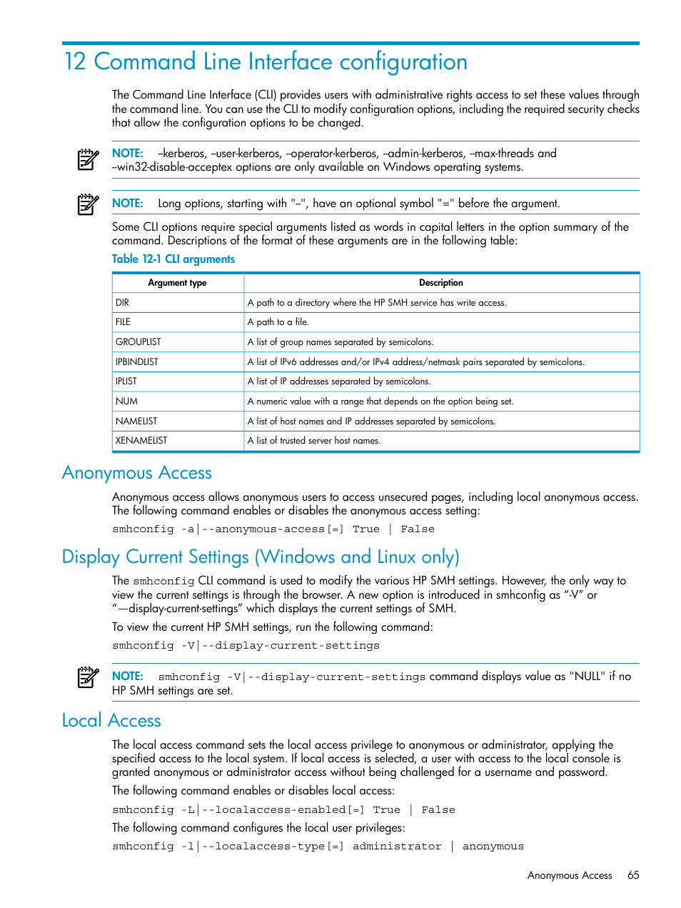 12 command line interface configuration, Anonymous access, Display current settings (windows and linux only) | Local access, Cli arguments | HP Systems Insight Manager User Manual | Page 65 / 100