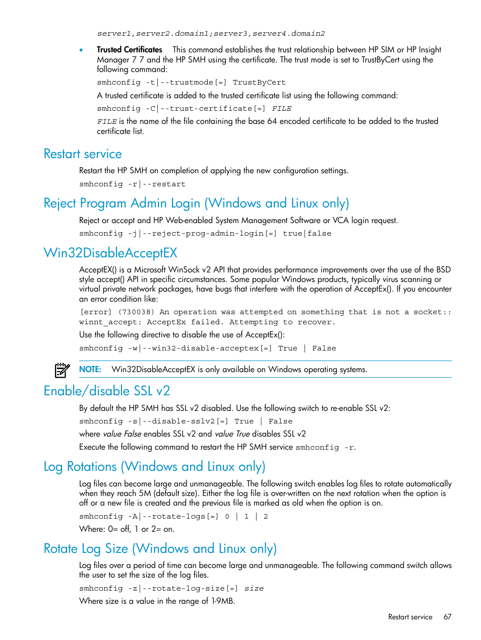 Restart service, Win32disableacceptex, Enable/disable ssl v2 | Log rotations (windows and linux only), Rotate log size (windows and linux only) | HP Systems Insight Manager User Manual | Page 67 / 100