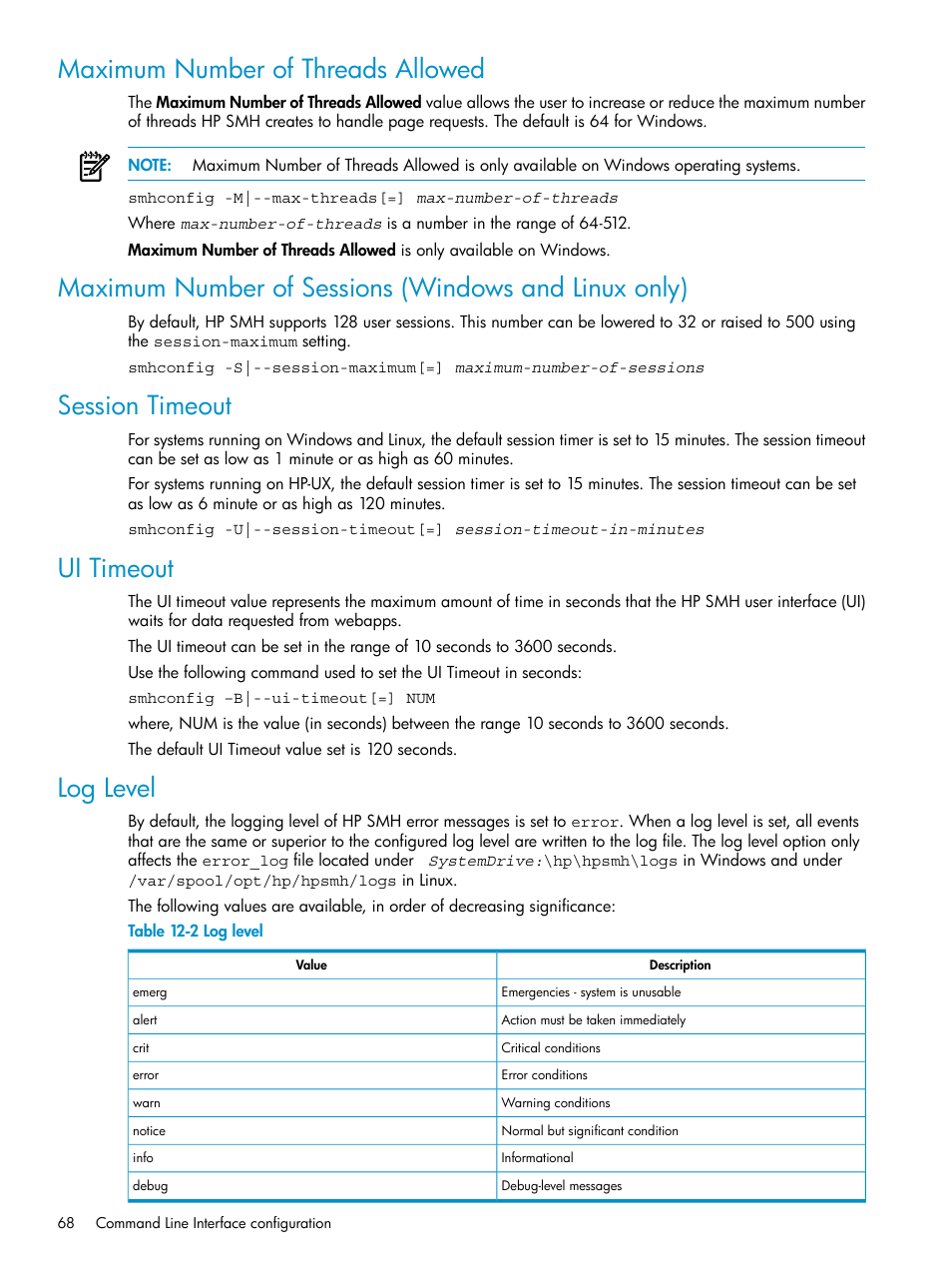 Maximum number of threads allowed, Session timeout, Ui timeout | Log level | HP Systems Insight Manager User Manual | Page 68 / 100