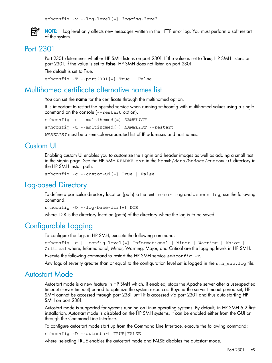 Port 2301, Multihomed certificate alternative names list, Custom ui | Log-based directory, Configurable logging, Autostart mode | HP Systems Insight Manager User Manual | Page 69 / 100