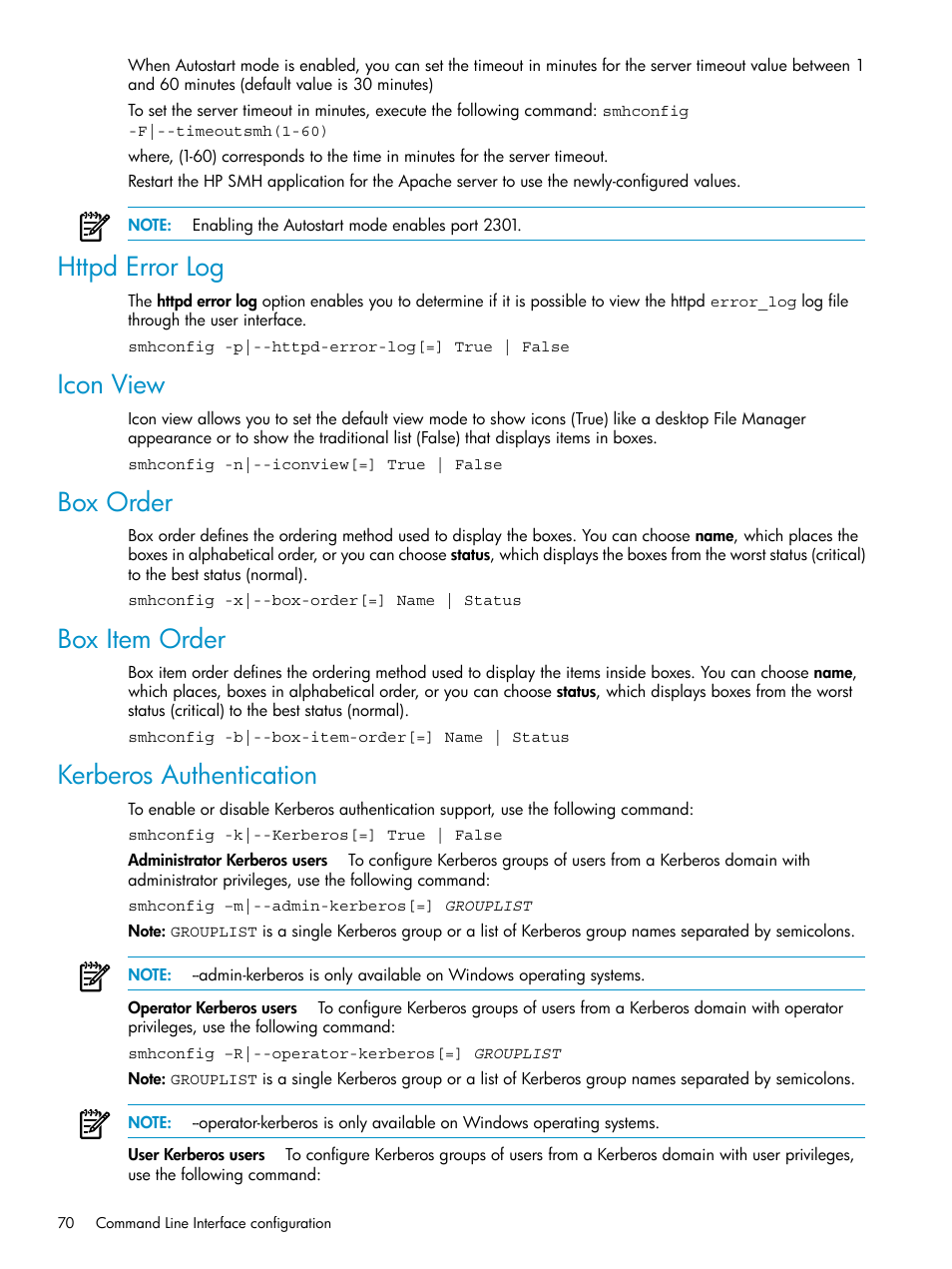 Httpd error log, Icon view, Box order | Box item order, Kerberos authentication | HP Systems Insight Manager User Manual | Page 70 / 100