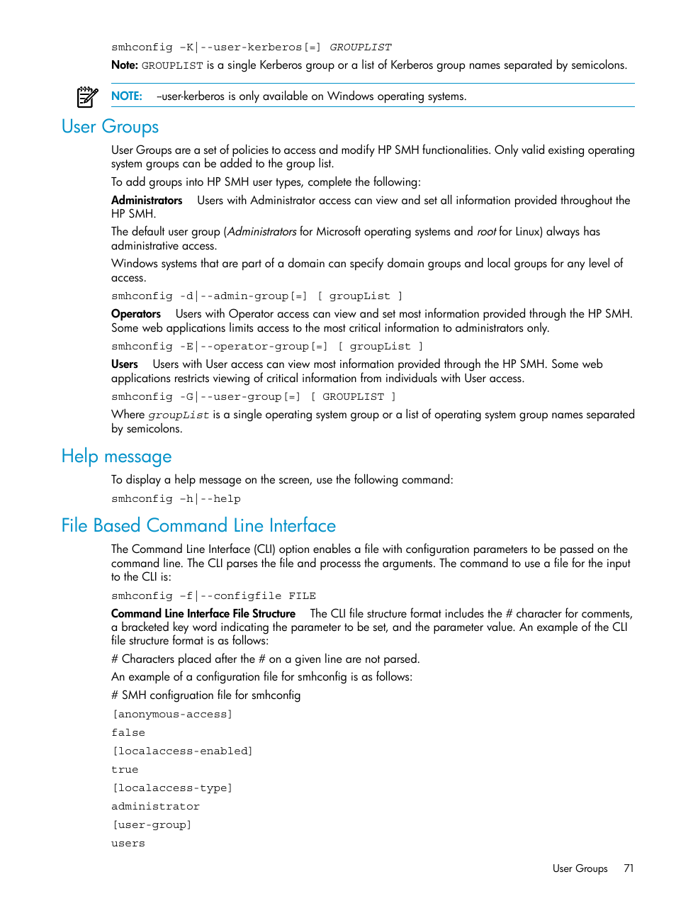 User groups, Help message, File based command line interface | HP Systems Insight Manager User Manual | Page 71 / 100