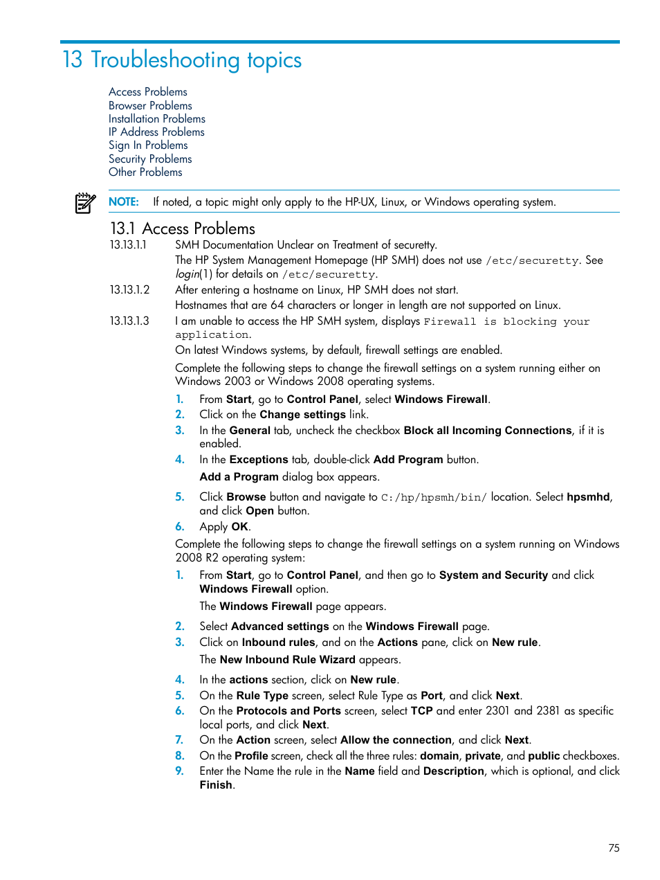 13 troubleshooting topics, 1 access problems | HP Systems Insight Manager User Manual | Page 75 / 100