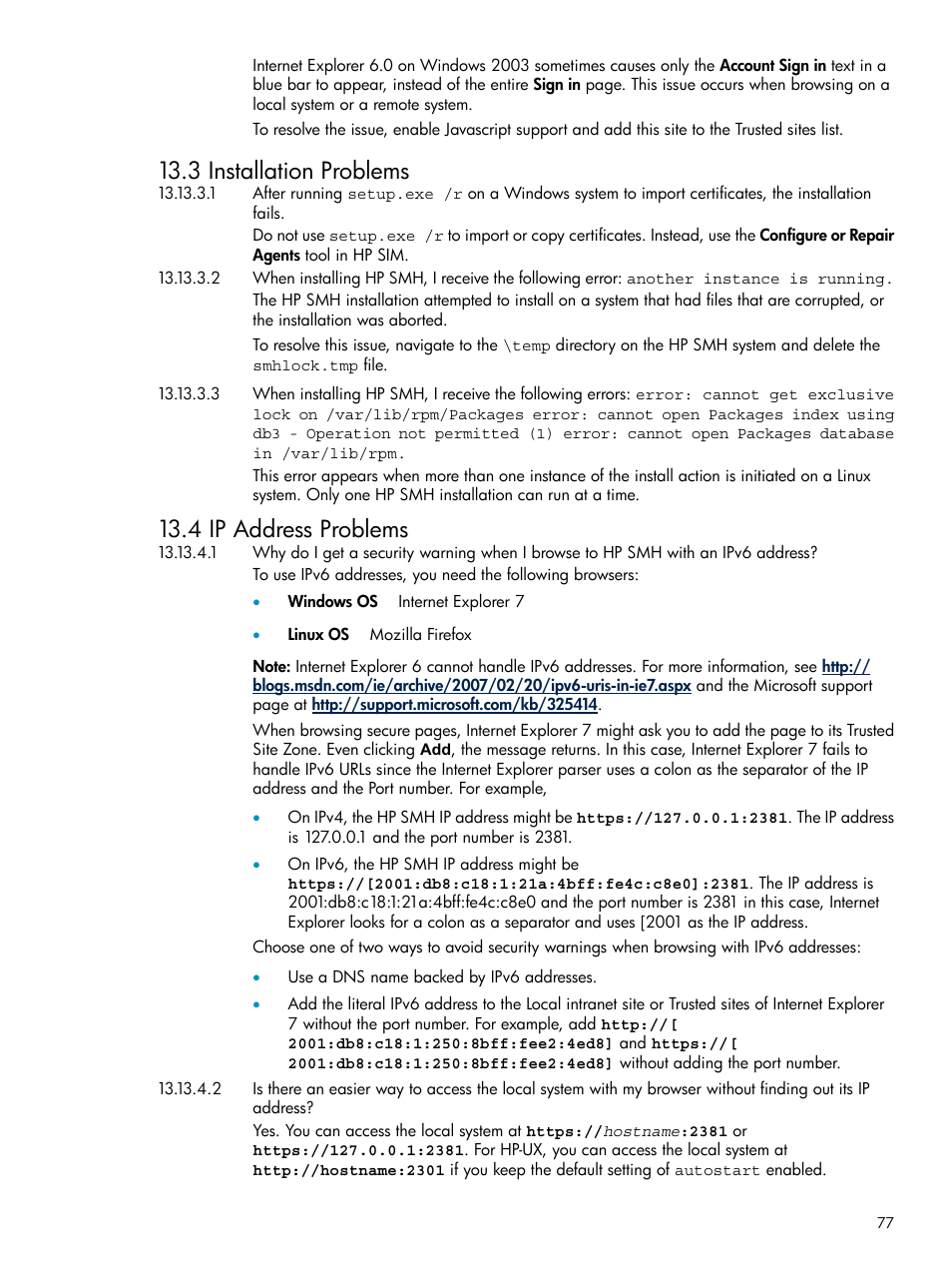 Installation problems ip address problems, 3 installation problems, 4 ip address problems | HP Systems Insight Manager User Manual | Page 77 / 100