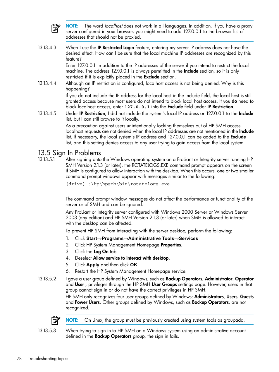 Sign in problems, 5 sign in problems | HP Systems Insight Manager User Manual | Page 78 / 100