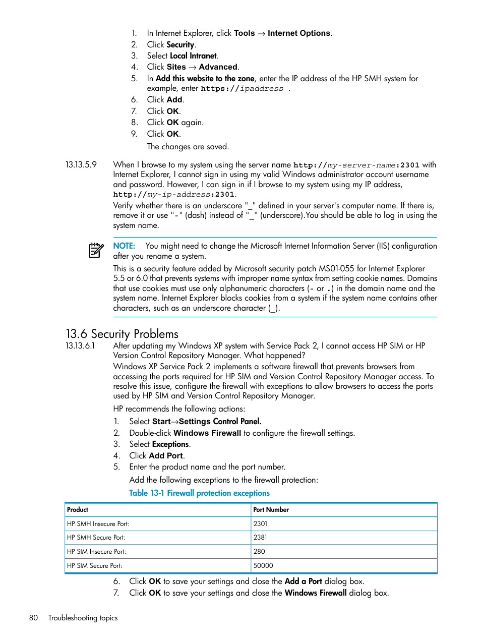 Firewall protection exceptions, Security problems, 6 security problems | HP Systems Insight Manager User Manual | Page 80 / 100