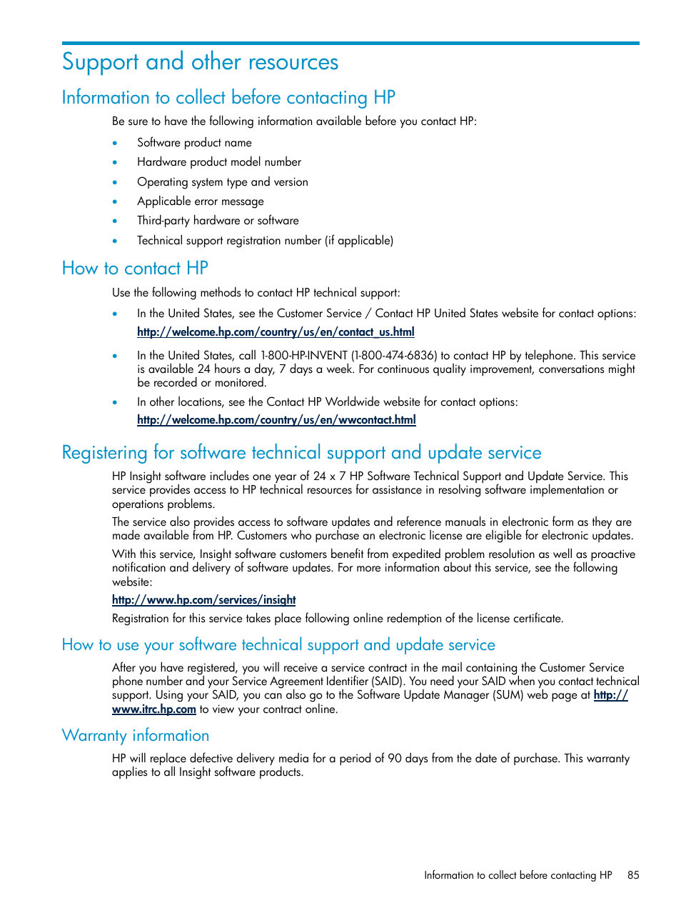 Support and other resources, Information to collect before contacting hp, How to contact hp | Warranty information | HP Systems Insight Manager User Manual | Page 85 / 100