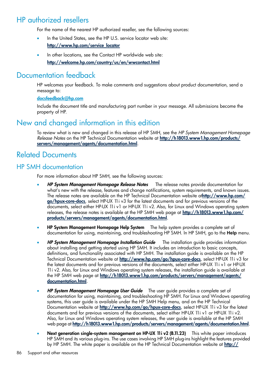 Hp authorized resellers, Documentation feedback, New and changed information in this edition | Related documents, Hp smh documentation | HP Systems Insight Manager User Manual | Page 86 / 100