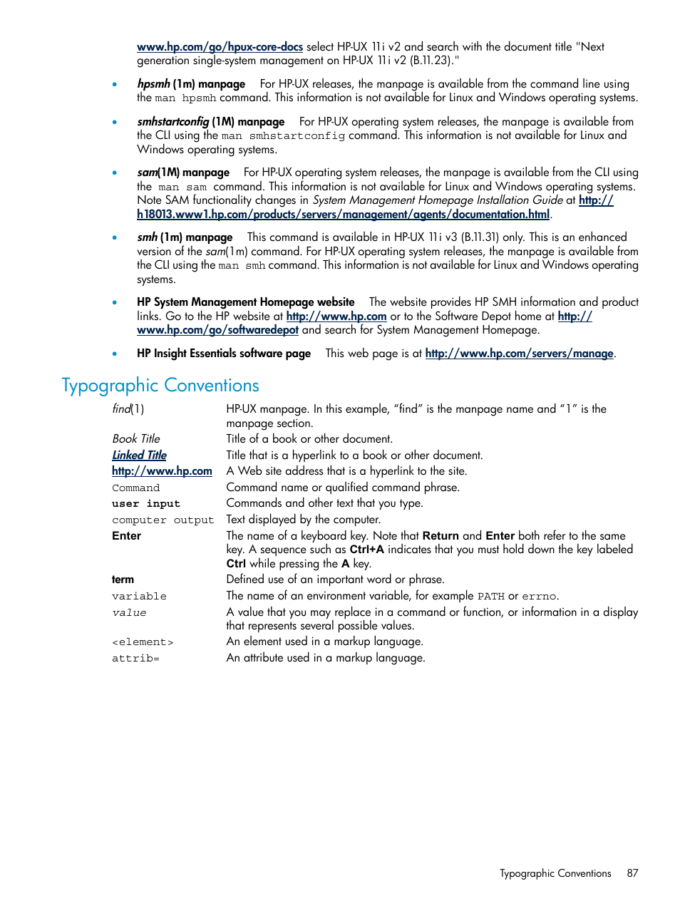 Typographic conventions | HP Systems Insight Manager User Manual | Page 87 / 100