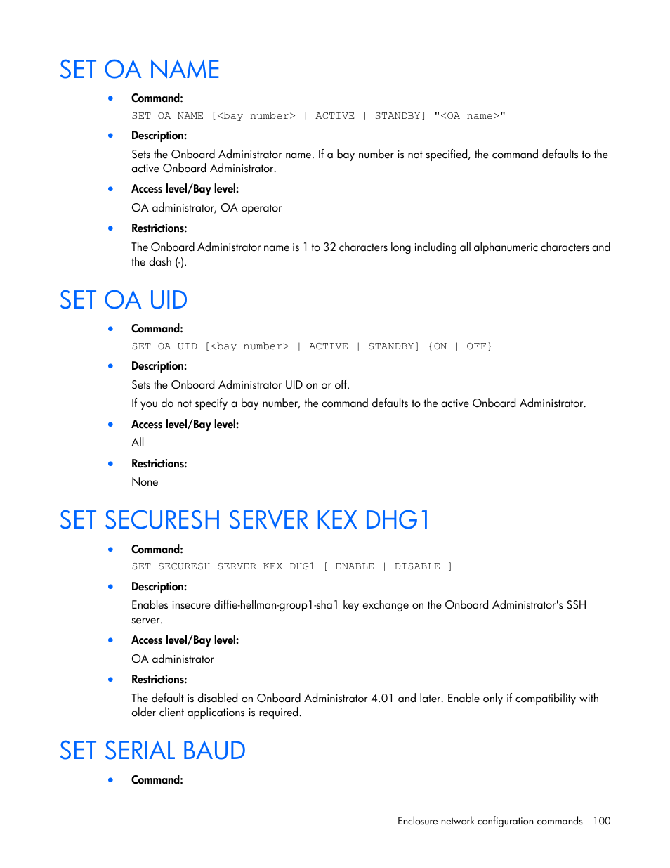 Set oa name, Set oa uid, Set securesh server kex dhg1 | Set serial baud | HP Onboard Administrator User Manual | Page 100 / 226