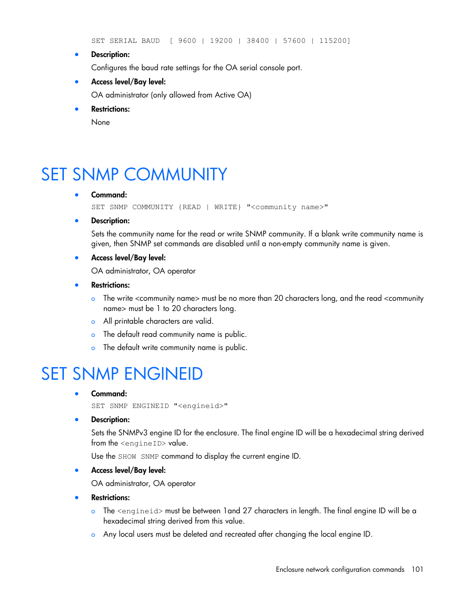 Set snmp community, Set snmp engineid | HP Onboard Administrator User Manual | Page 101 / 226