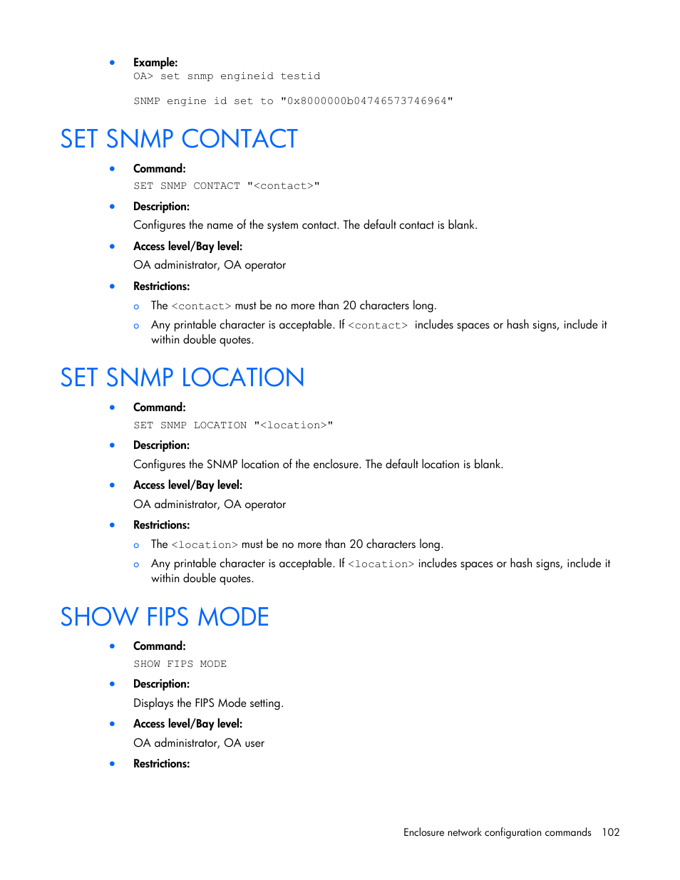 Set snmp contact, Set snmp location, Show fips mode | HP Onboard Administrator User Manual | Page 102 / 226