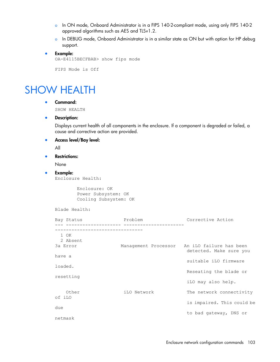 Show health | HP Onboard Administrator User Manual | Page 103 / 226