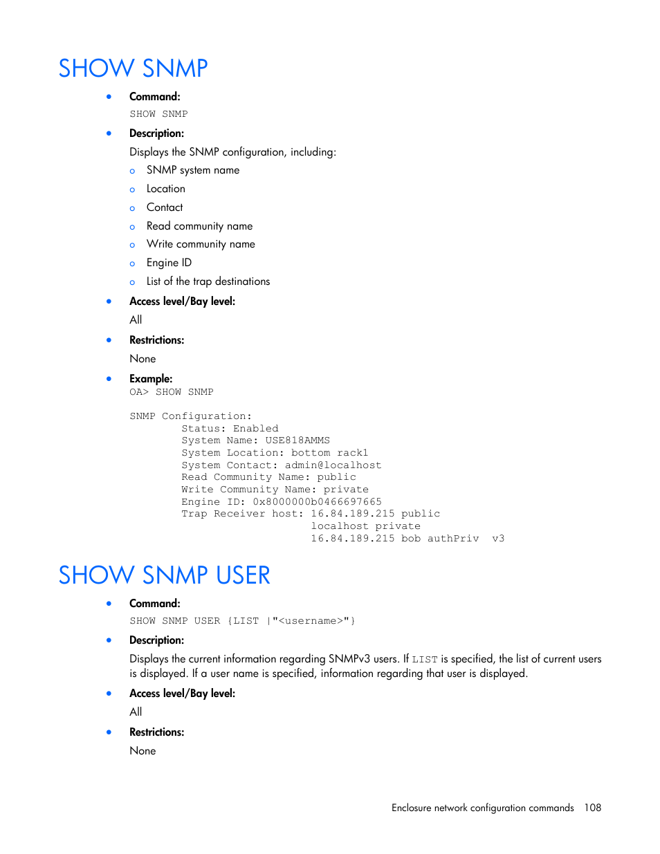 Show snmp, Show snmp user | HP Onboard Administrator User Manual | Page 108 / 226
