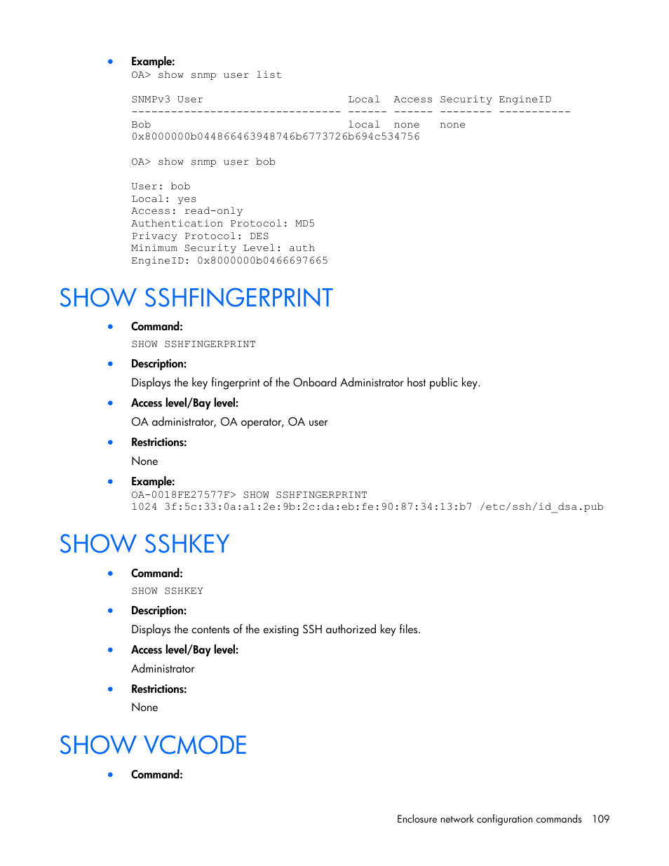 Show sshfingerprint, Show sshkey, Show vcmode | HP Onboard Administrator User Manual | Page 109 / 226