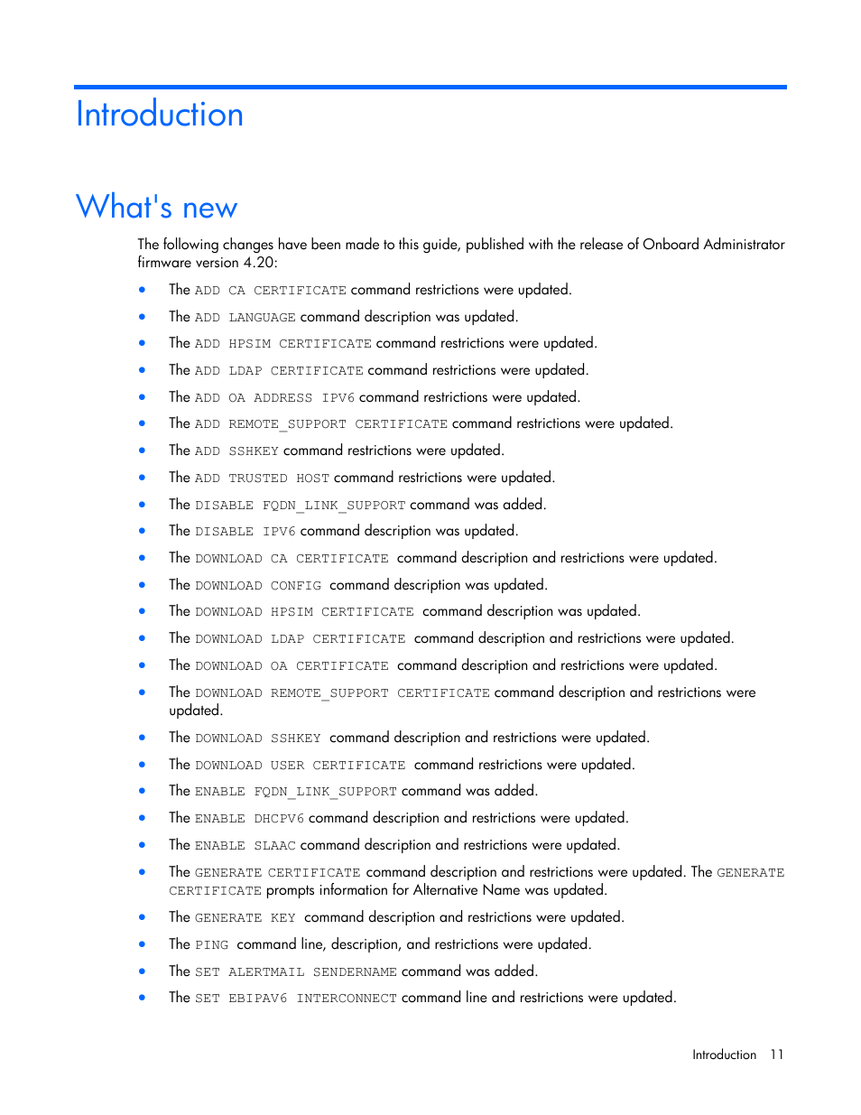 Introduction, What's new | HP Onboard Administrator User Manual | Page 11 / 226