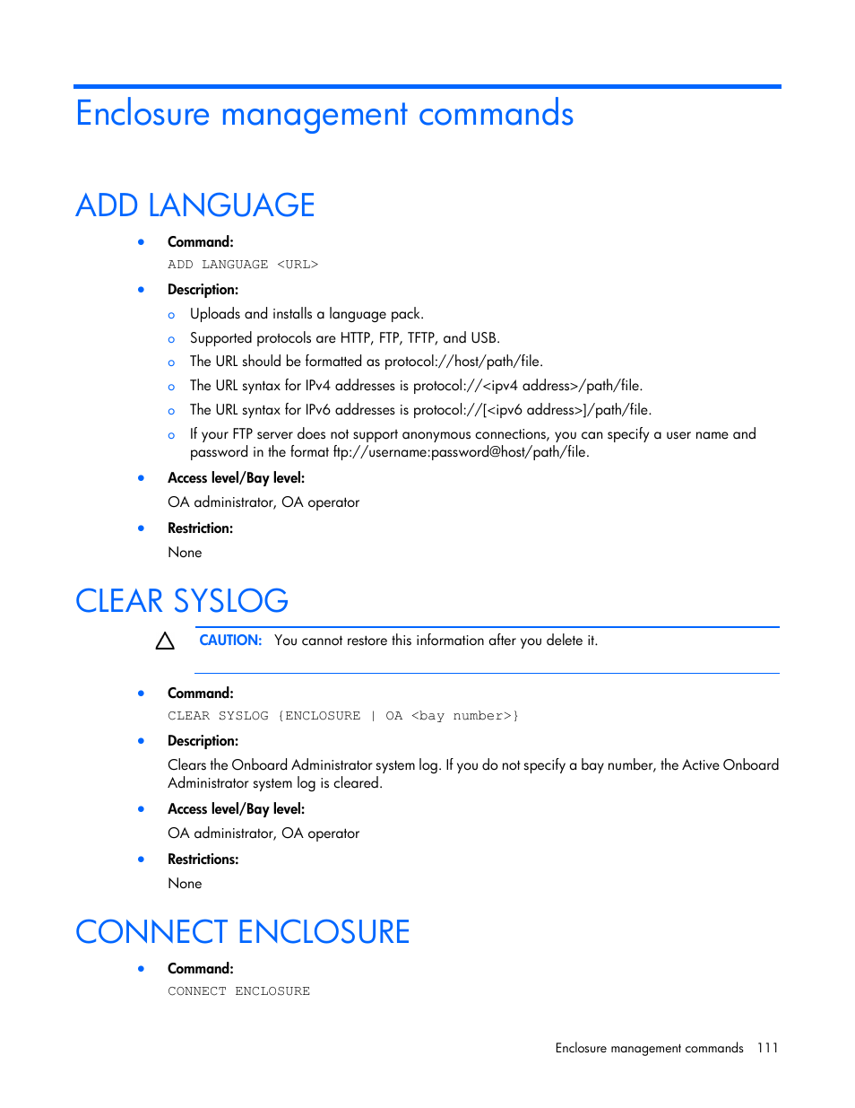 Enclosure management commands, Add language, Clear syslog | Connect enclosure | HP Onboard Administrator User Manual | Page 111 / 226