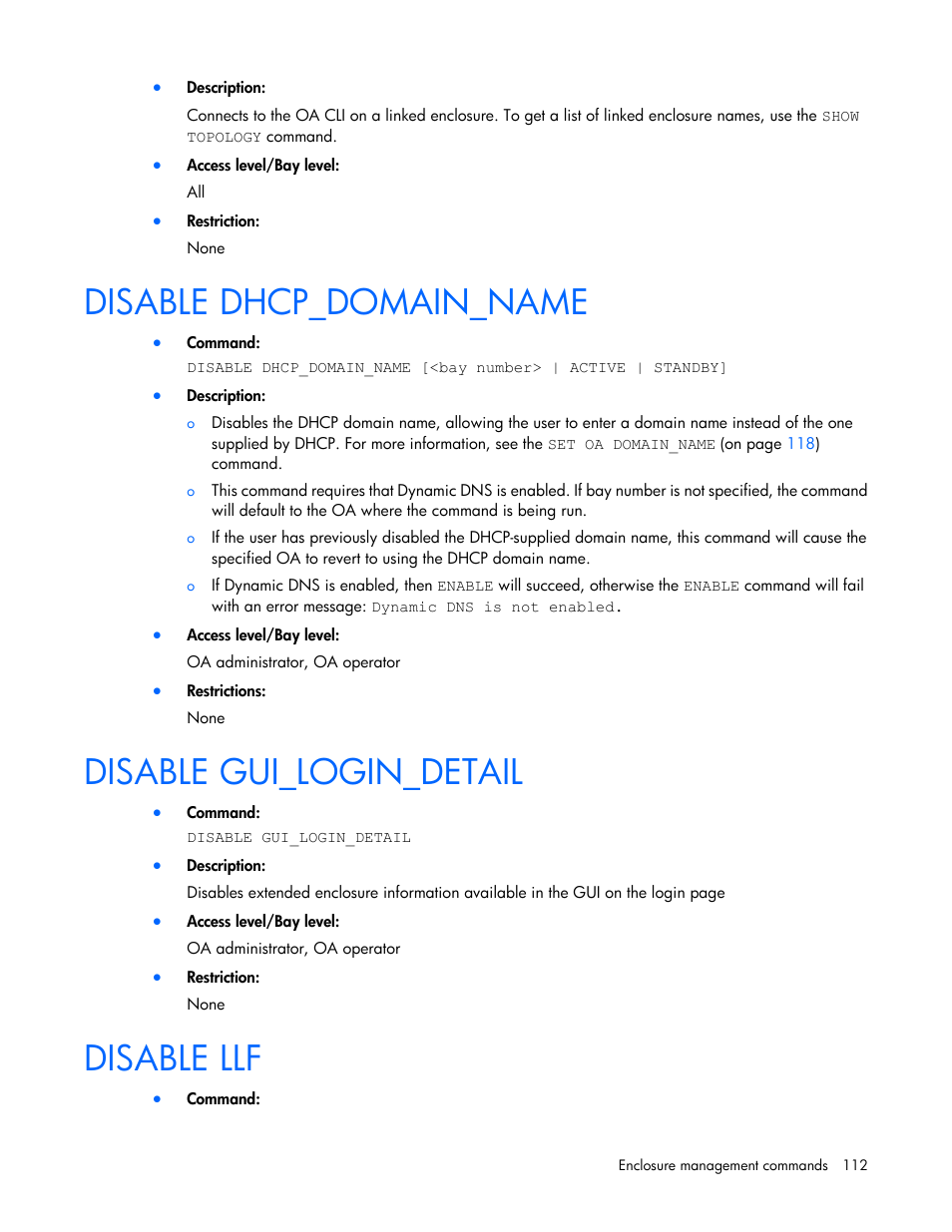 Disable dhcp_domain_name, Disable gui_login_detail, Disable llf | HP Onboard Administrator User Manual | Page 112 / 226