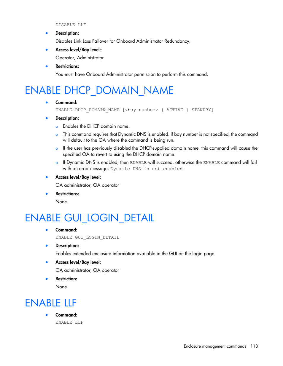 Enable dhcp_domain_name, Enable gui_login_detail, Enable llf | HP Onboard Administrator User Manual | Page 113 / 226