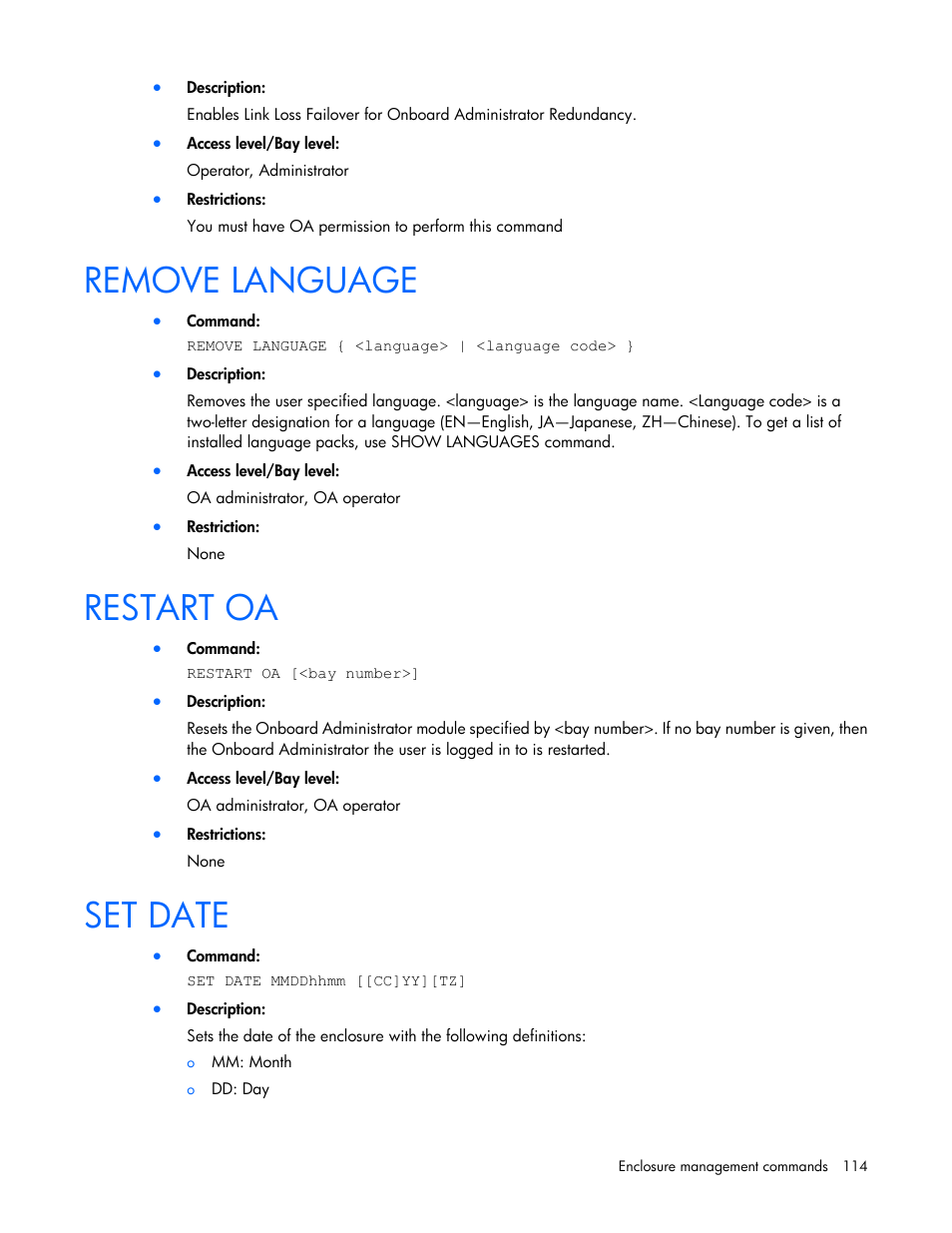 Remove language, Restart oa, Set date | HP Onboard Administrator User Manual | Page 114 / 226