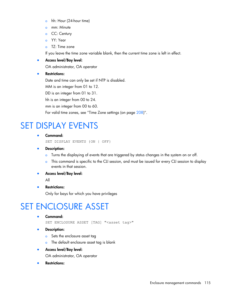 Set display events, Set enclosure asset | HP Onboard Administrator User Manual | Page 115 / 226