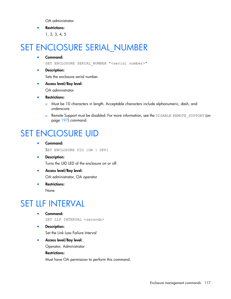 Set enclosure serial_number, Set enclosure uid, Set llf interval | HP Onboard Administrator User Manual | Page 117 / 226