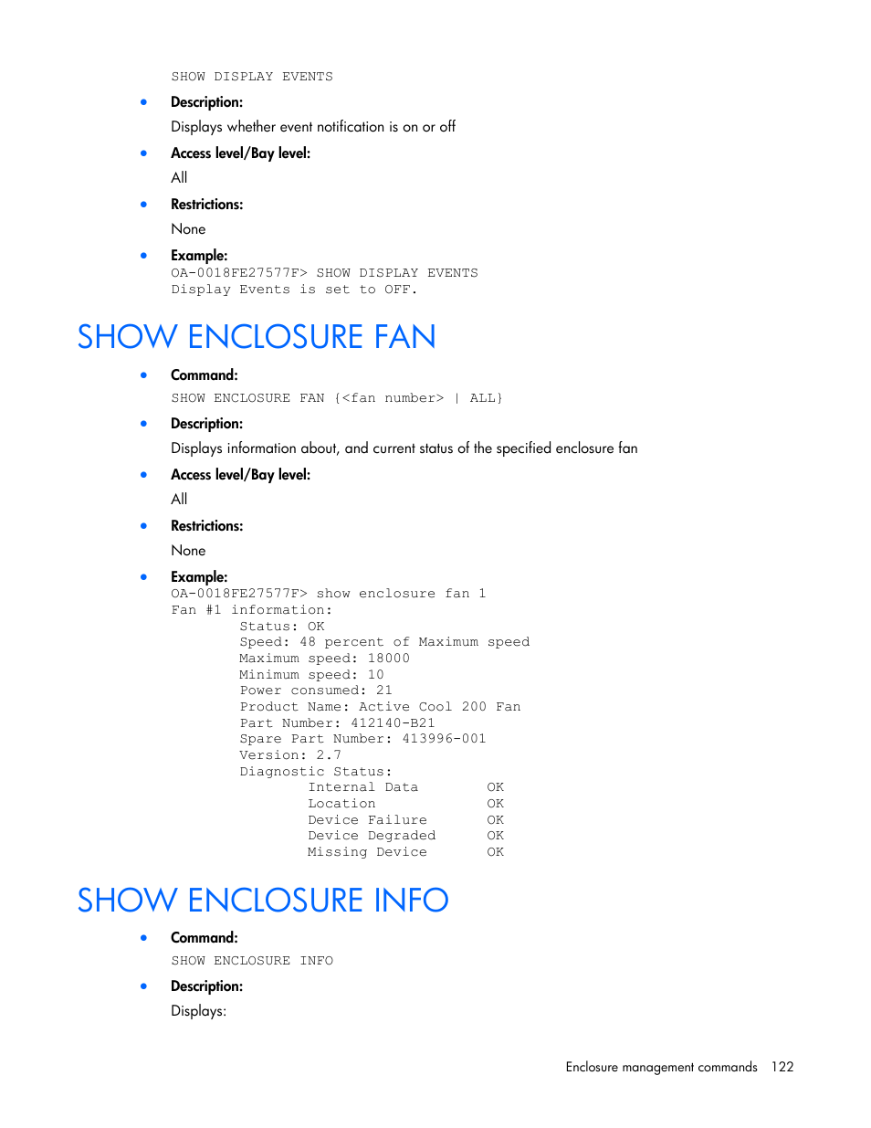 Show enclosure fan, Show enclosure info | HP Onboard Administrator User Manual | Page 122 / 226
