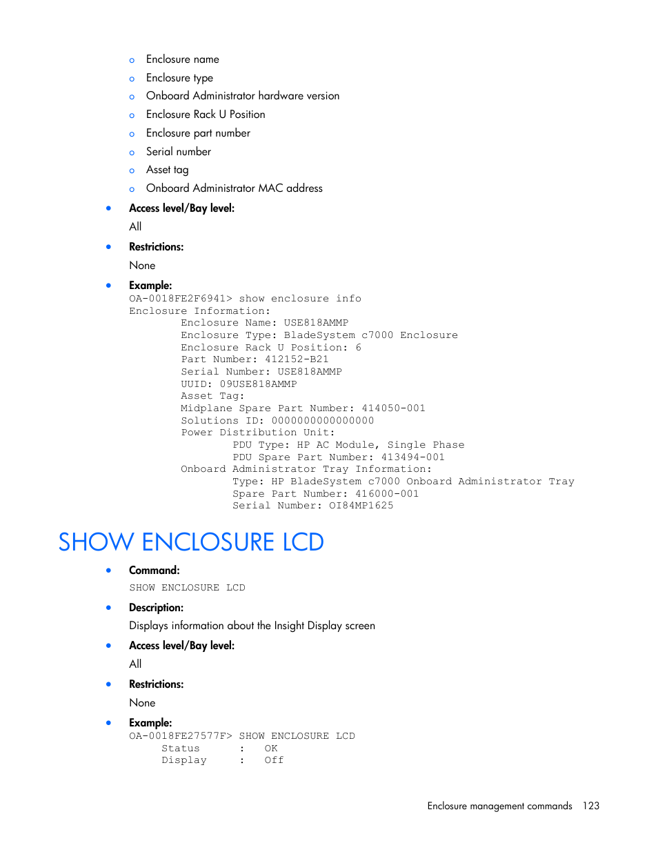 Show enclosure lcd | HP Onboard Administrator User Manual | Page 123 / 226