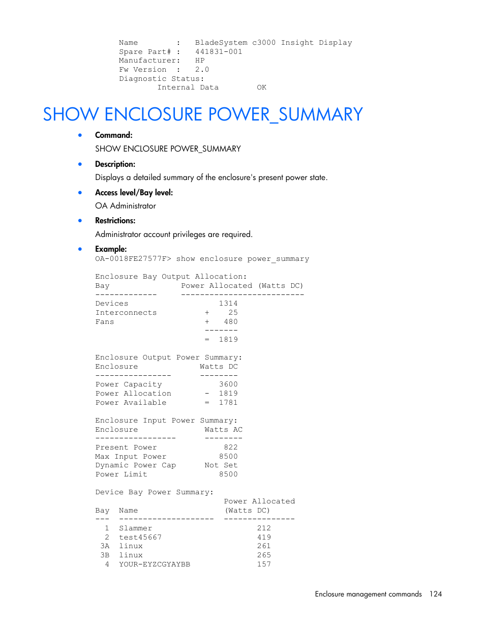Show enclosure power_summary | HP Onboard Administrator User Manual | Page 124 / 226