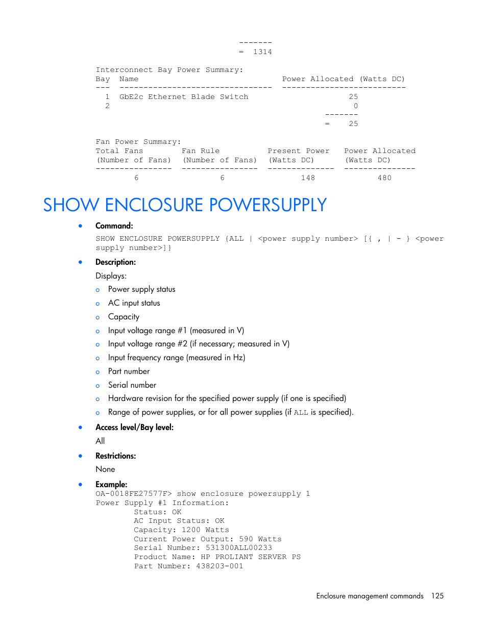 Show enclosure powersupply | HP Onboard Administrator User Manual | Page 125 / 226